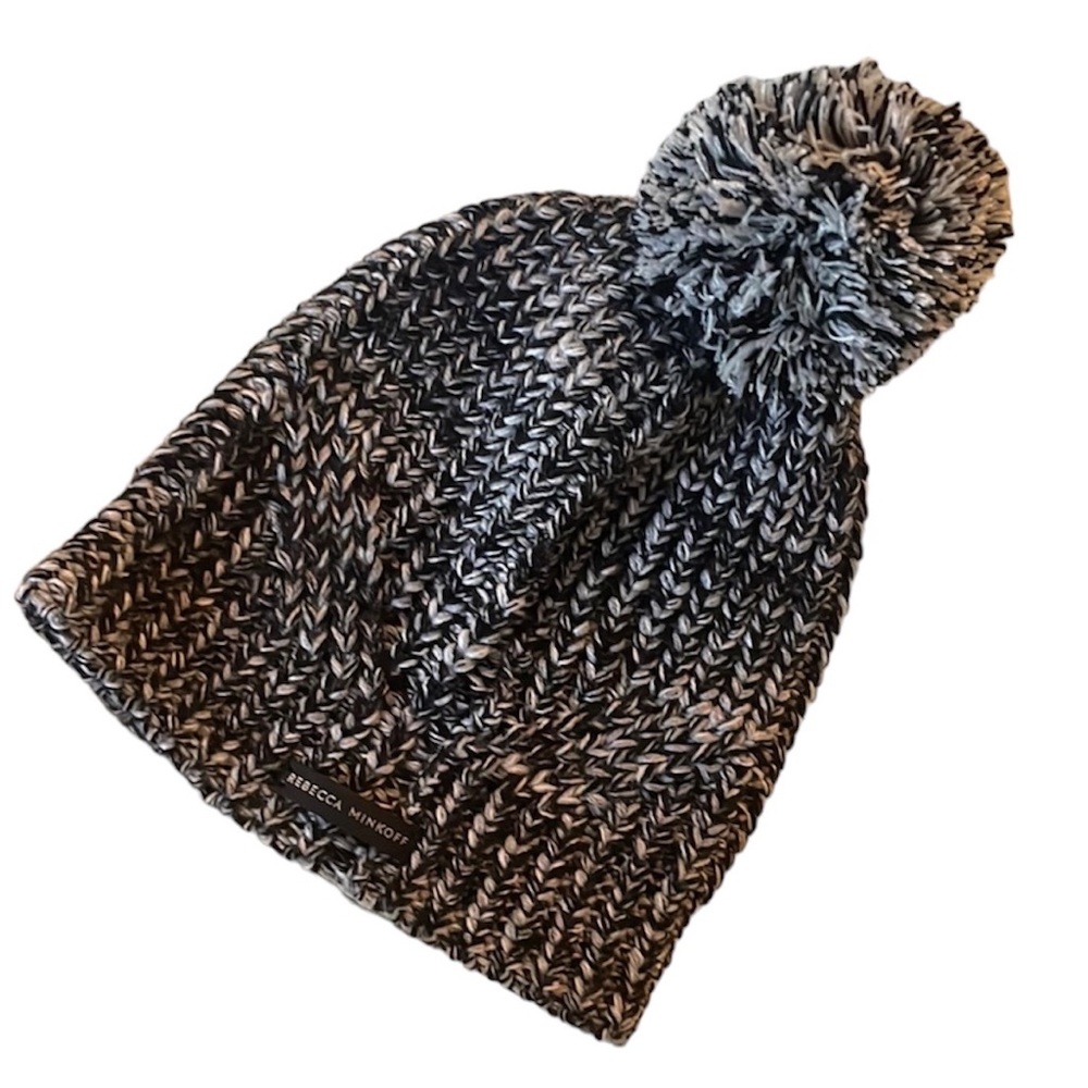 Rebecca Minkoff Black White Pom Pom Beanie Hat Cap 100% Acrylic Winter Snow Ski